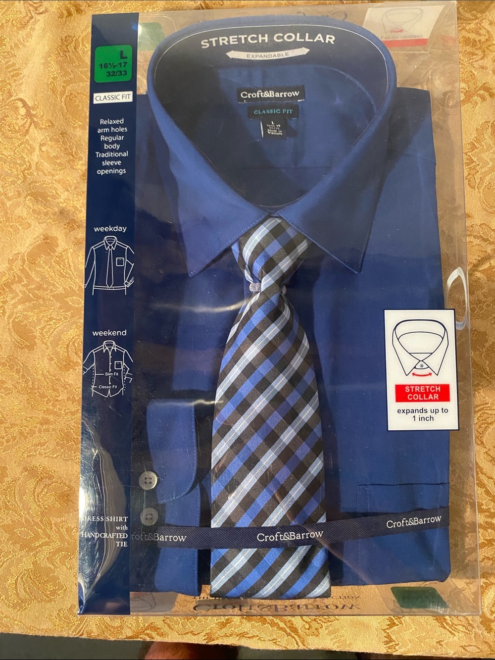 NWT- Royal Blue croft & barrow Men's Dress Shirt set with Blue & Gray Plaid Tie